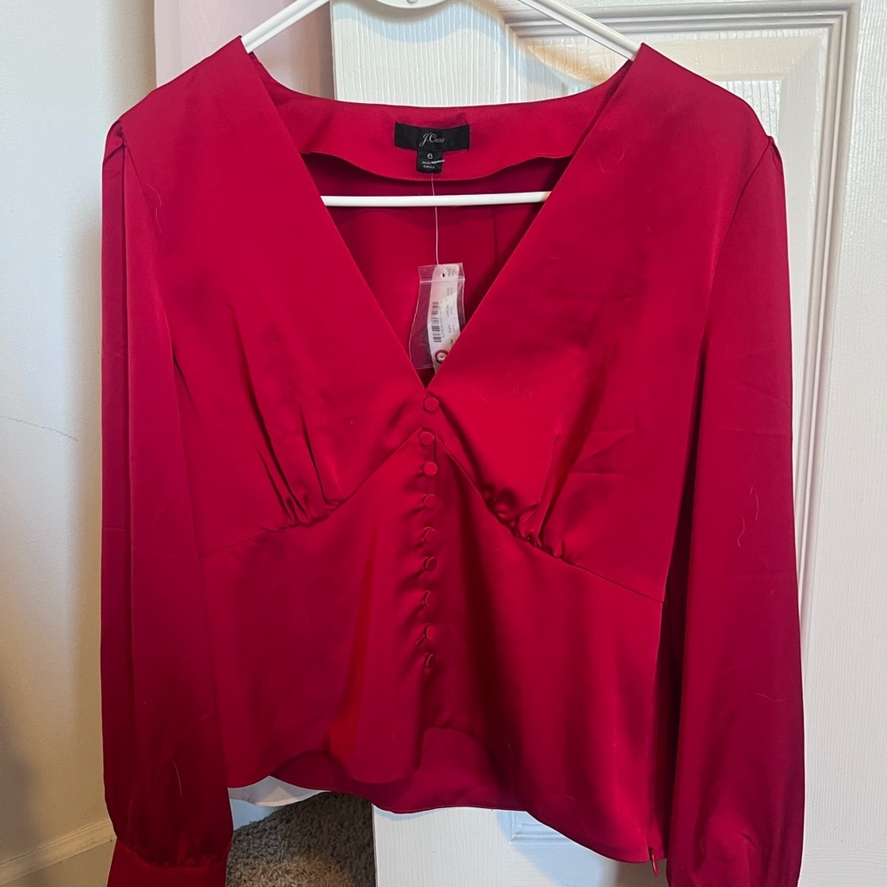 J. Crew Red Satin V-Neck Button Front Blouse